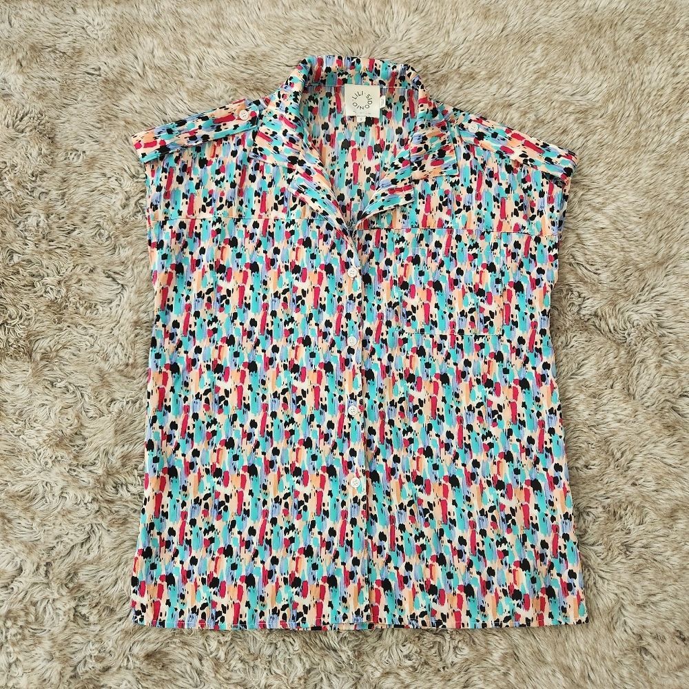 Lili Sidonio Sleeveless Button Down Blouse Colorful Abstract Print Size Small